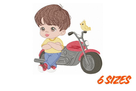 Cute Boy Motorcycle Embroidery Art