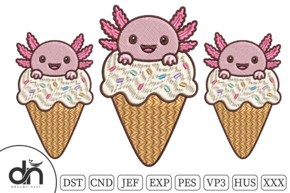 Kawaii Axolotl Ice Cream Embroidery
